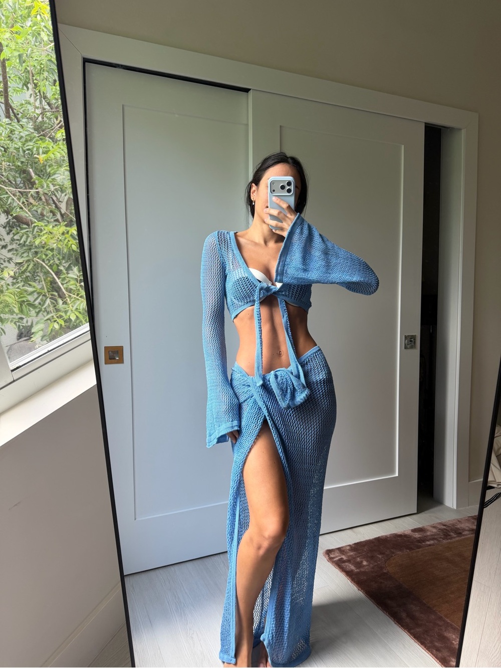 Light Blue Knit Beach Coverup Set - Two-Piece Tie Front Maxi
